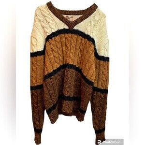 VTG 70s Sigallo Chunky Cable Knit Brown and Cream Striped Sweater SZ L